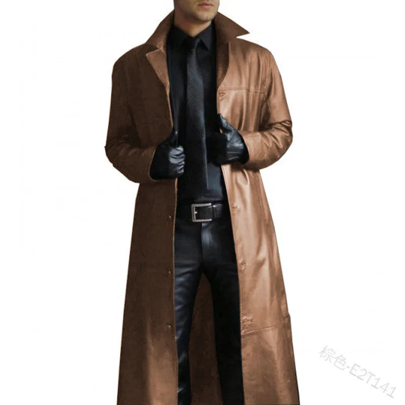 Men Faux Leather Trench Fashion Long Sleeve Autumn Windbreaker Coat Slim Leather Long Leather Jacket Men's Jacket Outwear