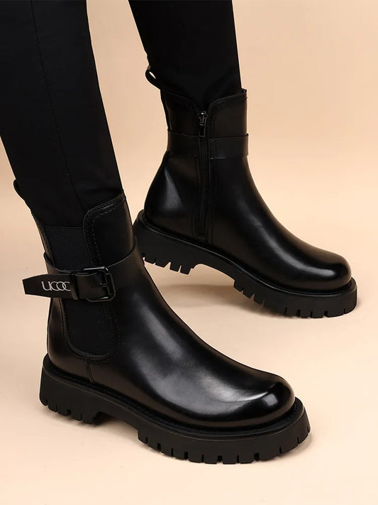 Men's New 2026 Leather Pointed Casual Black Raised Thick Soled Motorcycle Short Boots Men's Shoes