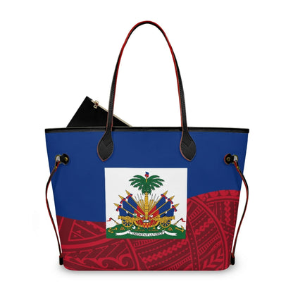 Haitian Flag Printed Leather Tote Bag for Women Large Casual Hobo Handbags with Zipper Pouch Work Daily Weekender Travel Purse