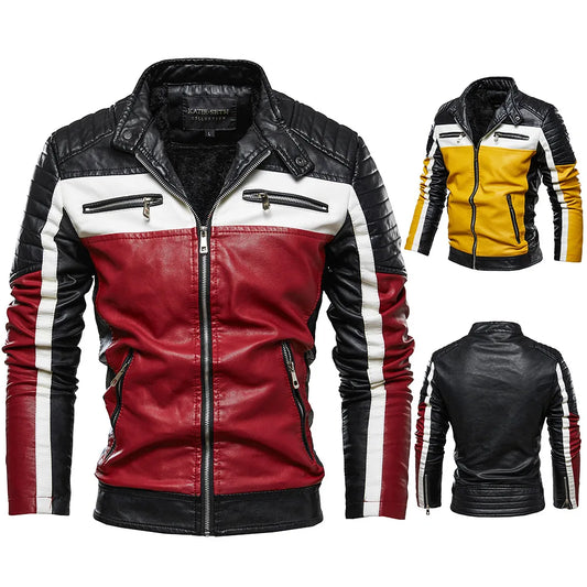 L-3XL Plush Leather Jacket Men's Coat Youth Motorcycle Suit Color Blocking New Style Leather Coat