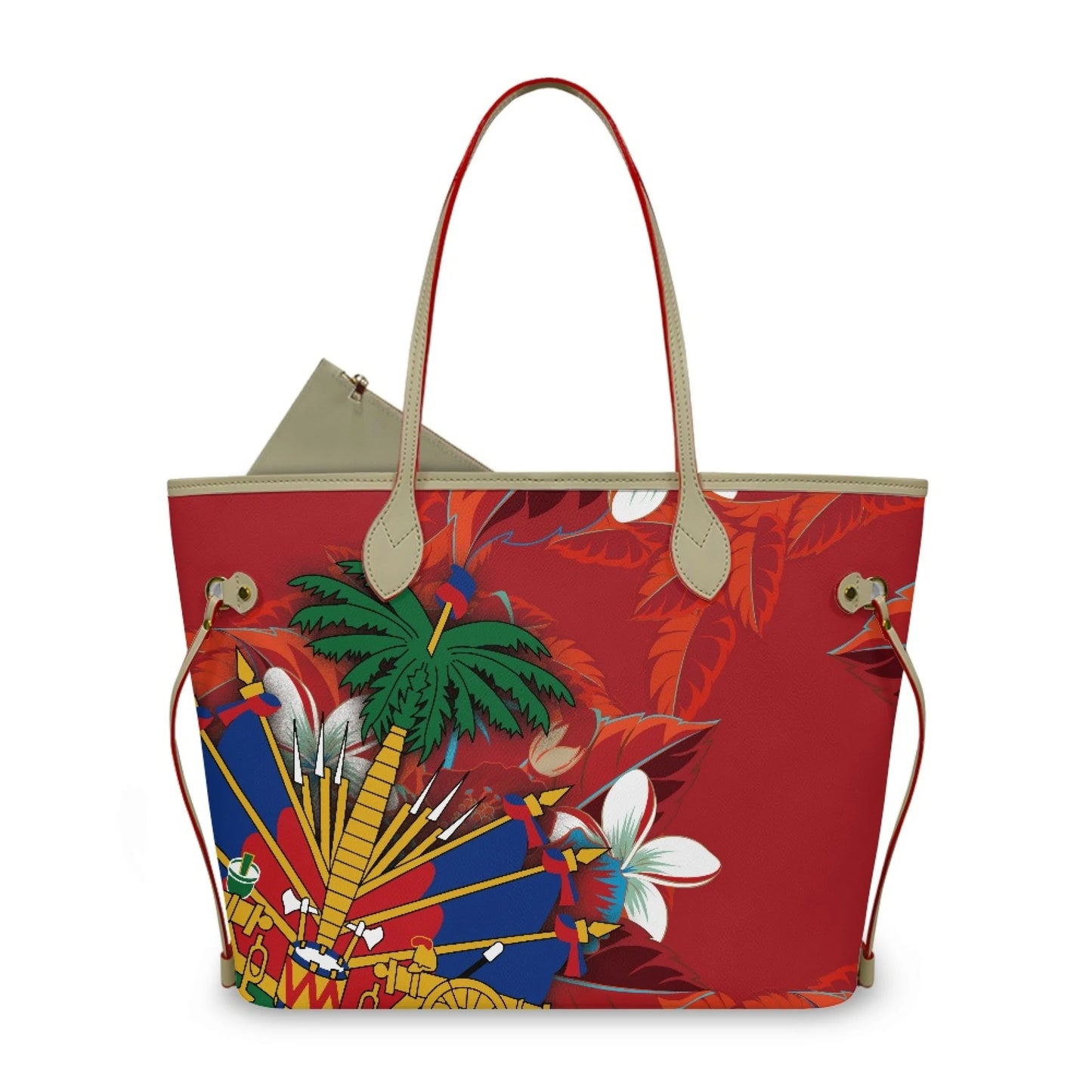 Haitian Flag Printed Leather Tote Bag for Women Large Casual Hobo Handbags with Zipper Pouch Work Daily Weekender Travel Purse