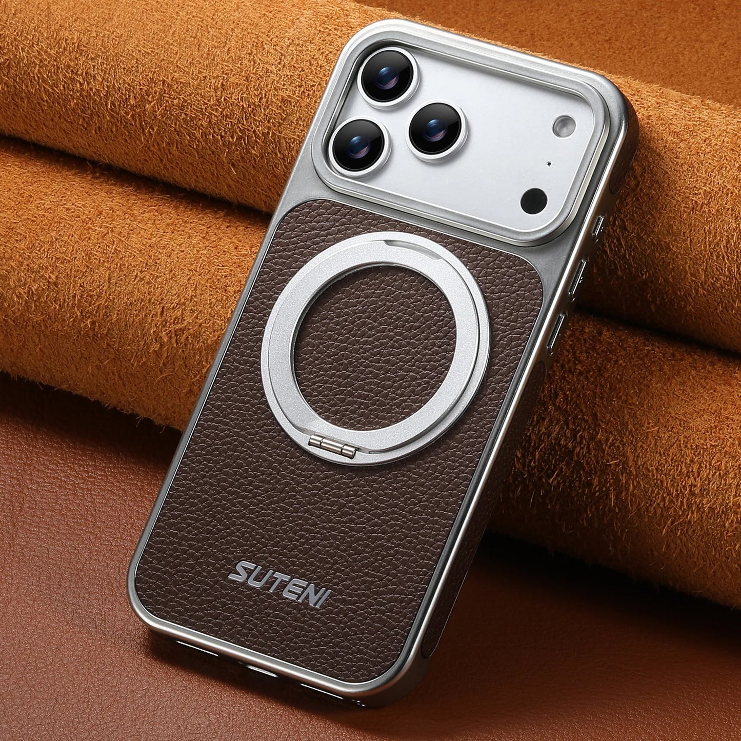 For 17 Pro Max Wireless Charging Animal Handmade Phone Case Magnetic Suction 360 Rotating Stand Finger Ring Buckle Leather