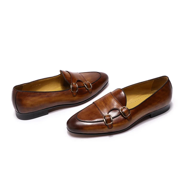 2025 New Genuine Cow Leather Men's Casual Leather Round Toe  Slip-On Loafers Handmade Monk Strap Fashion Shoes for Wedding Shoes
