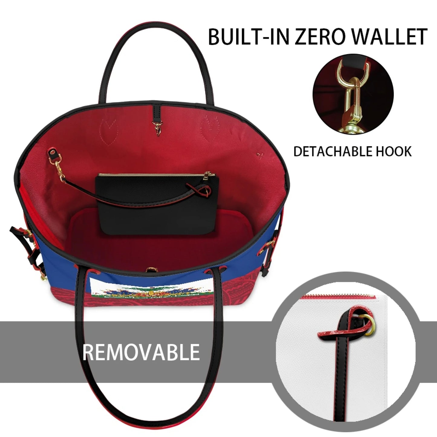 Haitian Flag Printed Leather Tote Bag for Women Large Casual Hobo Handbags with Zipper Pouch Work Daily Weekender Travel Purse
