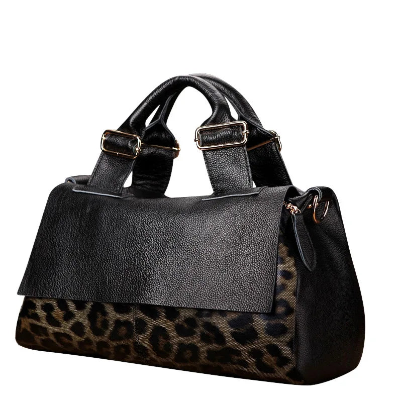 New Stylish Leopard Print Genuine Leather Large Capacity Tote Bag, Soft Leather Women's Handbag & Crossbody Bag