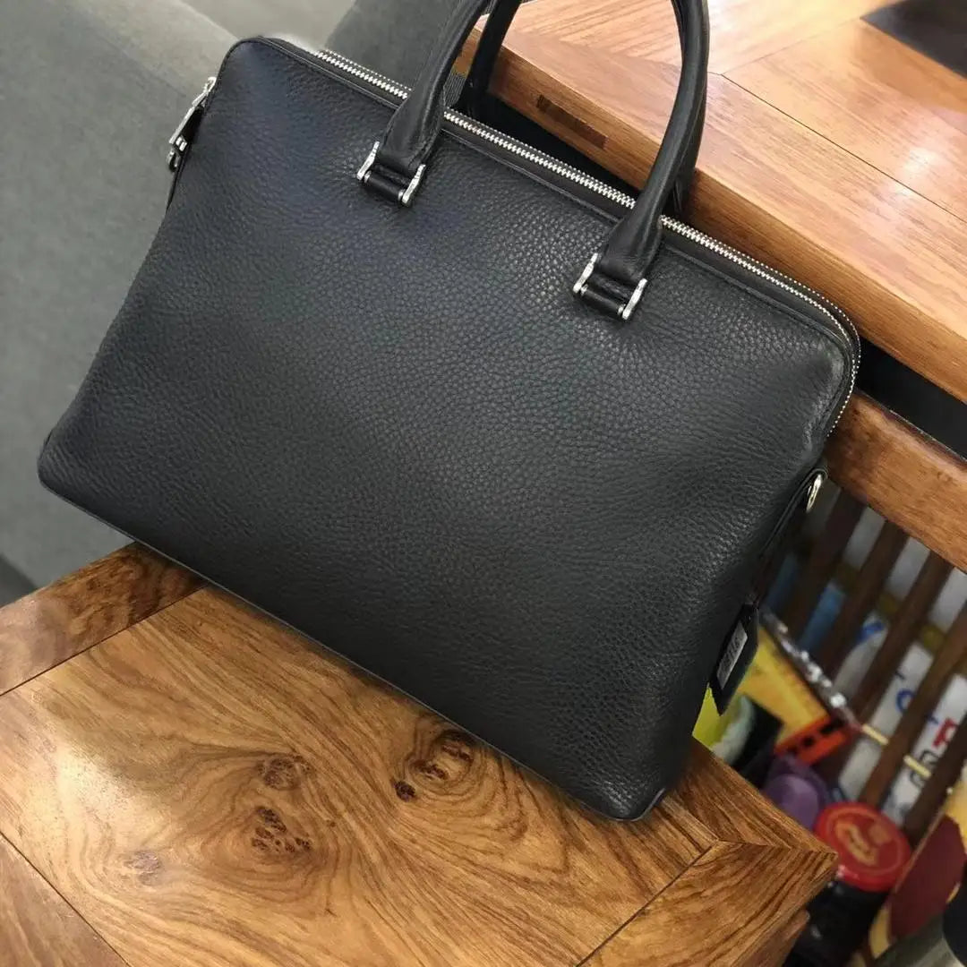 Imported Top Layer Cowhide Men Briefcase Double Zipper Laptop Bag 14 Inch Business Office Shoulder Handbag Slim Genuine Leather
