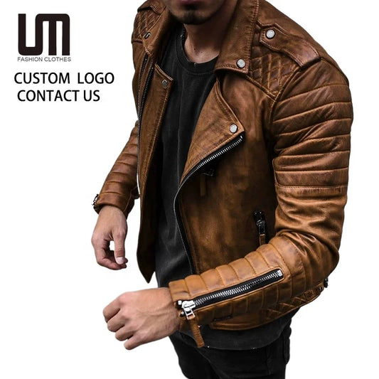 OEM Service Popular Selling Fashion Men Casual Leather Plus Size Jacket Solid Color Long Sleeve PU Brown Slim Coat