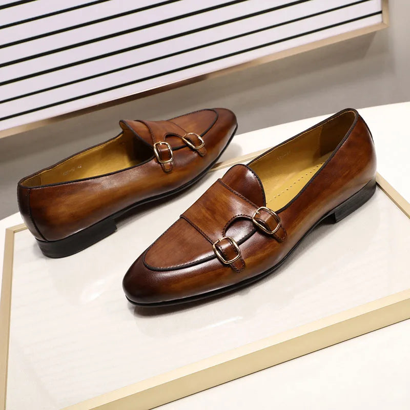 2025 New Genuine Cow Leather Men's Casual Leather Round Toe  Slip-On Loafers Handmade Monk Strap Fashion Shoes for Wedding Shoes