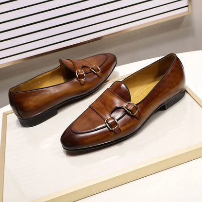 2025 New Genuine Cow Leather Men's Casual Leather Round Toe  Slip-On Loafers Handmade Monk Strap Fashion Shoes for Wedding Shoes