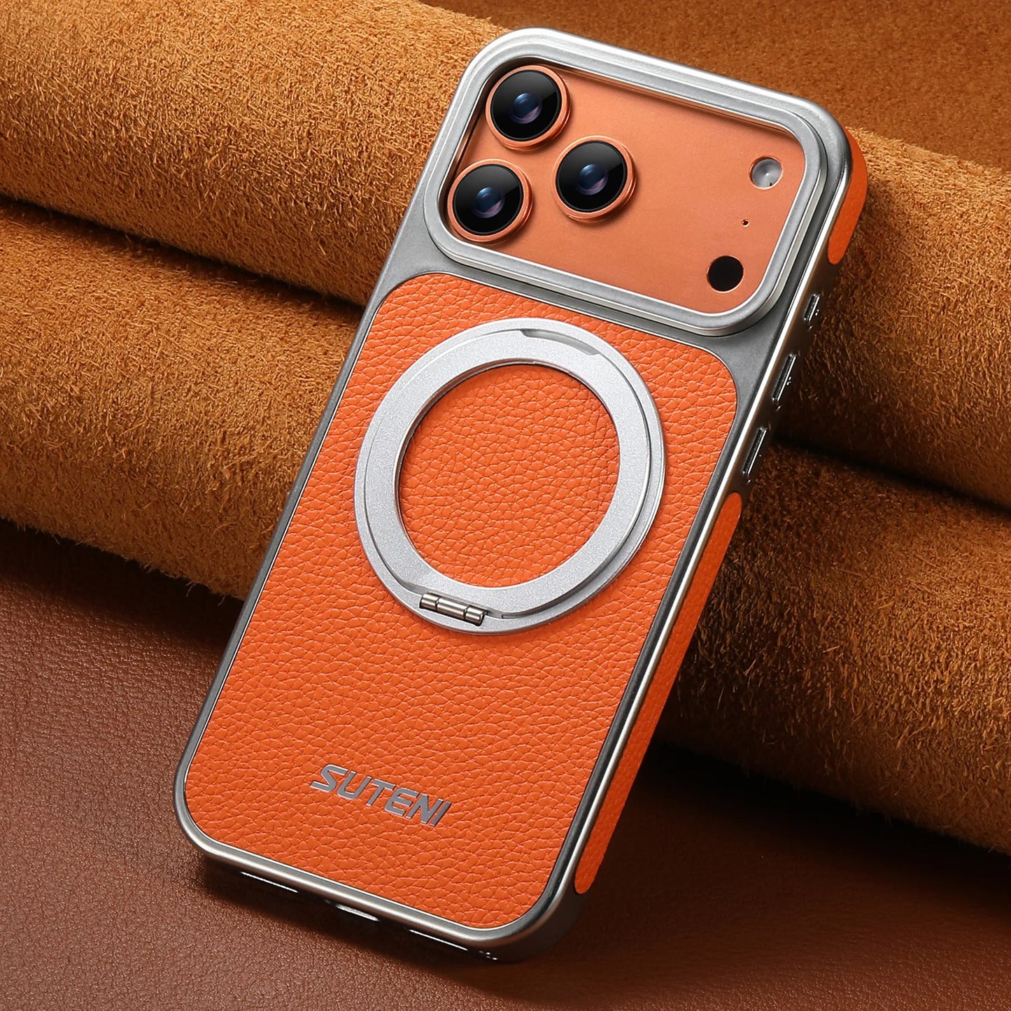 For 17 Pro Max Wireless Charging Animal Handmade Phone Case Magnetic Suction 360 Rotating Stand Finger Ring Buckle Leather