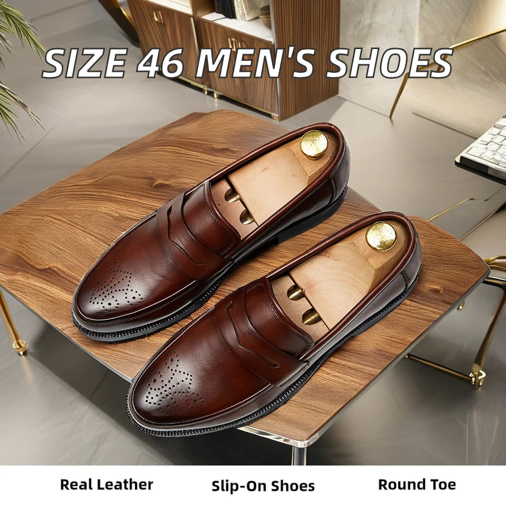 46 Large Luxury Leather Men's Dress Shoes Business Casual Toe Outdoor Slip-On Loafers Genuine Leather Rubber Quality Pairs Men