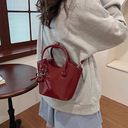Hot-Selling Cherry Love Women's Handheld Bucket Bag Zipper Closure PU Leather Polyester Lining Daily Use Southern Style Single