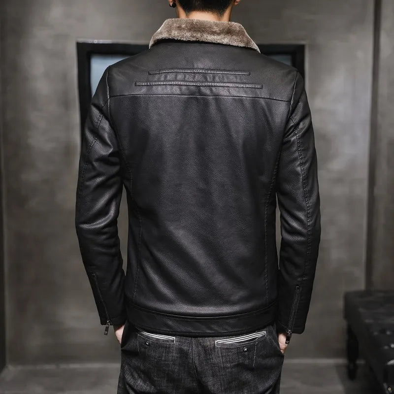 OEM Service Custom Logo Winter Men's Jacket Thick Leather with Faux Fur Collar Windproof Warm Coat Good Quality