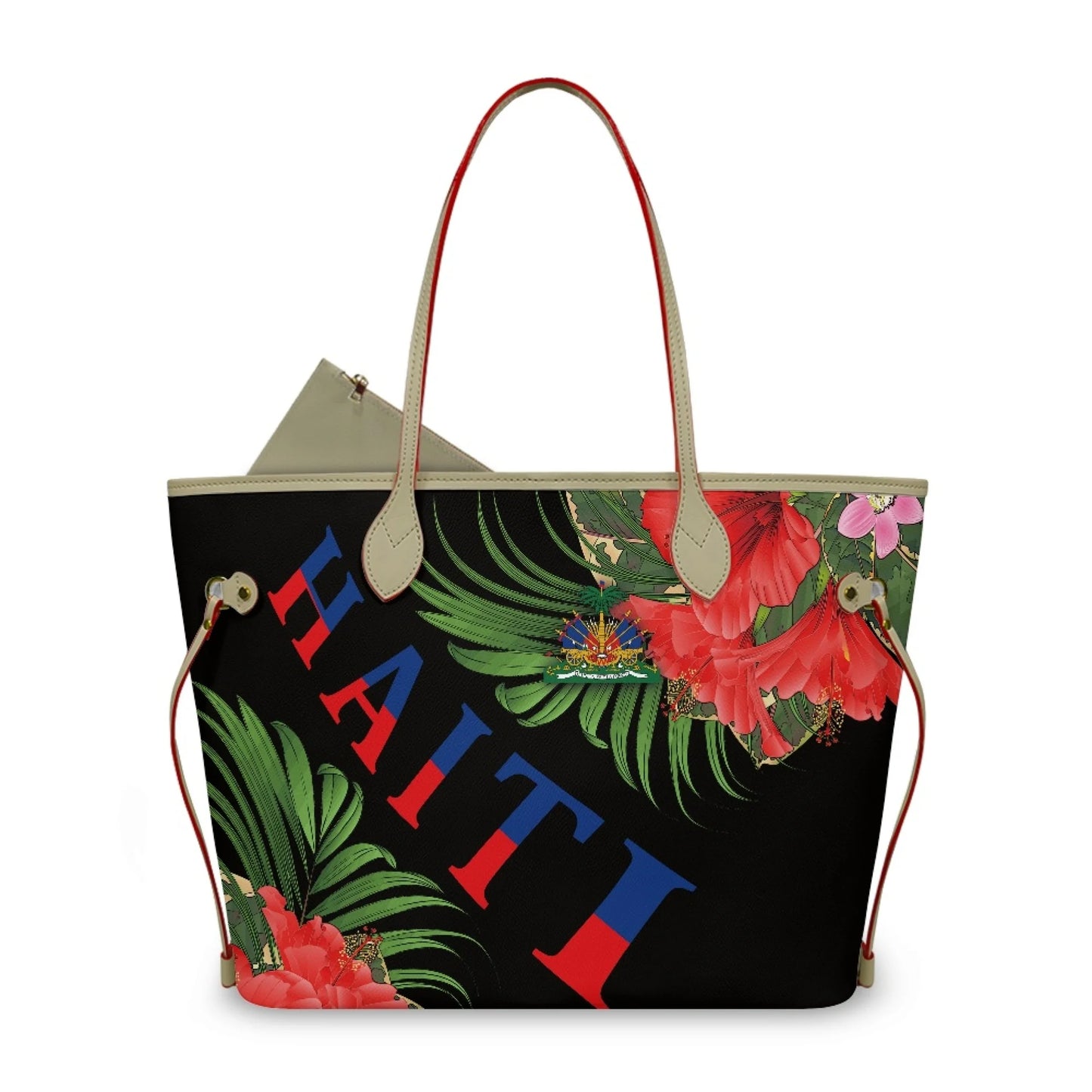 Haitian Flag Printed Leather Tote Bag for Women Large Casual Hobo Handbags with Zipper Pouch Work Daily Weekender Travel Purse