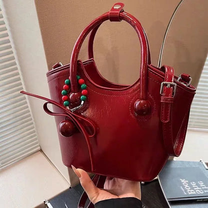 Hot-Selling Cherry Love Women's Handheld Bucket Bag Zipper Closure PU Leather Polyester Lining Daily Use Southern Style Single