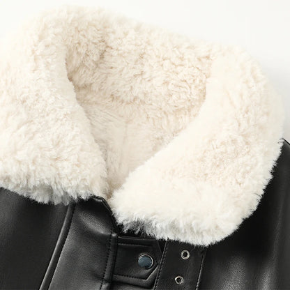 Nerazzurri Thick warm black faux leather jacket with fur inside long sleeve zipper Winter faux fur lined coats for women Fashion