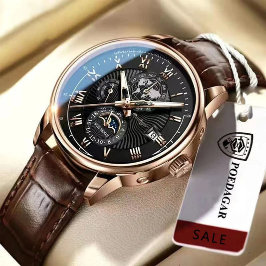 POEDAGAR Top Men's Watches Waterproof Genuine Leather Calendar Luminous Wristwatches for Sport Business Fashion Reloj Relogio