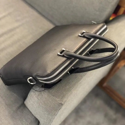 Imported Top Layer Cowhide Men Briefcase Double Zipper Laptop Bag 14 Inch Business Office Shoulder Handbag Slim Genuine Leather