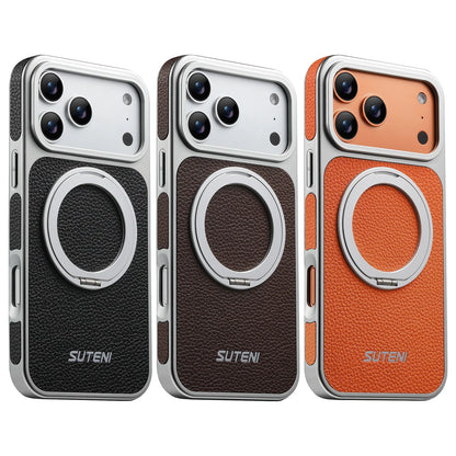 For 17 Pro Max Wireless Charging Animal Handmade Phone Case Magnetic Suction 360 Rotating Stand Finger Ring Buckle Leather