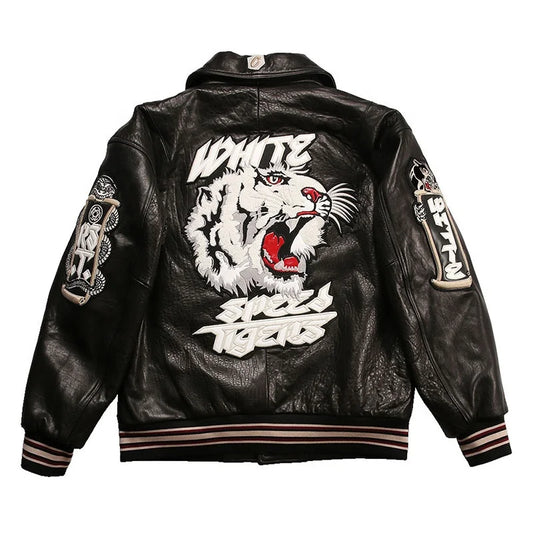 High Quality Embroidered Black White Thick Sheep Skin Capless Coats Tiger Pattern Casual Sport Aviator Men Real Leather Jackets