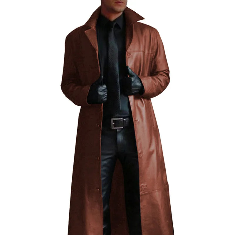 Men Faux Leather Trench Fashion Long Sleeve Autumn Windbreaker Coat Slim Leather Long Leather Jacket Men's Jacket Outwear