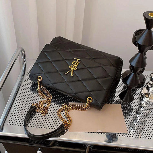 High-End Genuine Leather Women's Crossbody Bag 2025 New Style Quilted Chain Zip Fashionable All-Match Small Square Polyester