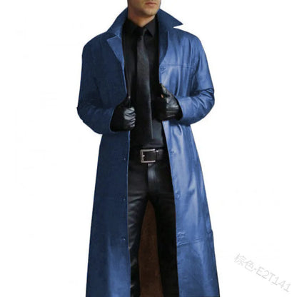 Men Faux Leather Trench Fashion Long Sleeve Autumn Windbreaker Coat Slim Leather Long Leather Jacket Men's Jacket Outwear