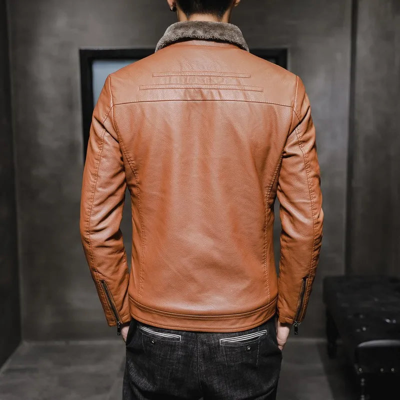 OEM Service Custom Logo Winter Men's Jacket Thick Leather with Faux Fur Collar Windproof Warm Coat Good Quality