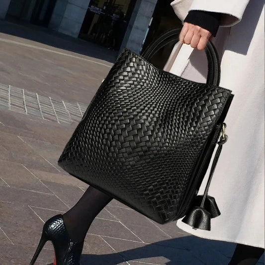 New Woven Texture Genuine Leather Handbag, Large Capacity Elegant Women's Shoulder & Top Handle Bag