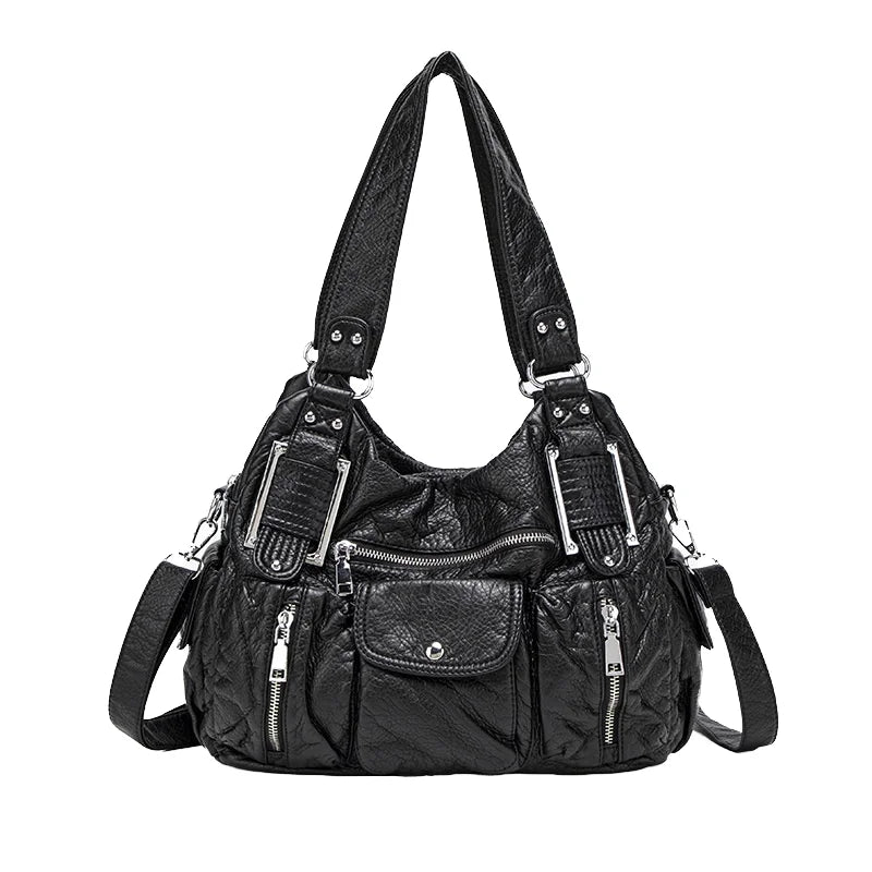 Women's Large Capacity Casual Tote Shoulder Bag Y2K Hot Girl Distressed Design Vegan Leather Zipper Closure Polyester Lining