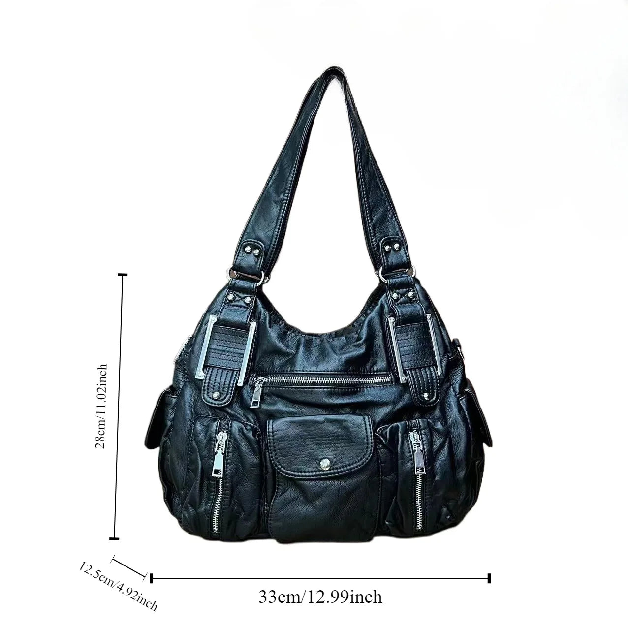 Women's Large Capacity Casual Tote Shoulder Bag Y2K Hot Girl Distressed Design Vegan Leather Zipper Closure Polyester Lining