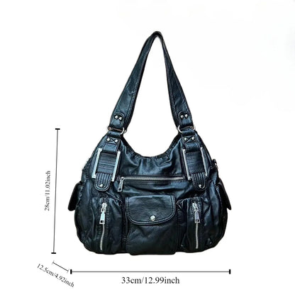 Women's Large Capacity Casual Tote Shoulder Bag Y2K Hot Girl Distressed Design Vegan Leather Zipper Closure Polyester Lining