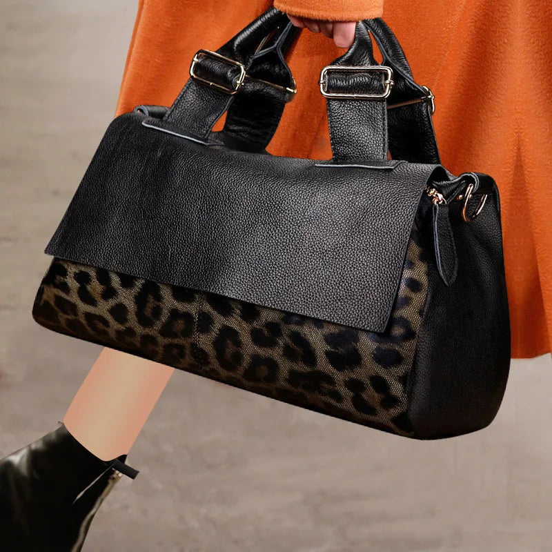 New Stylish Leopard Print Genuine Leather Large Capacity Tote Bag, Soft Leather Women's Handbag & Crossbody Bag