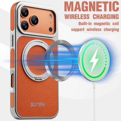 For 17 Pro Max Wireless Charging Animal Handmade Phone Case Magnetic Suction 360 Rotating Stand Finger Ring Buckle Leather
