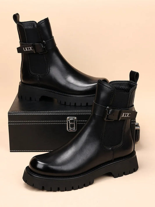 Men's New 2026 Leather Pointed Casual Black Raised Thick Soled Motorcycle Short Boots Men's Shoes