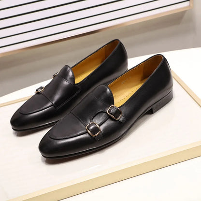 2025 New Genuine Cow Leather Men's Casual Leather Round Toe  Slip-On Loafers Handmade Monk Strap Fashion Shoes for Wedding Shoes