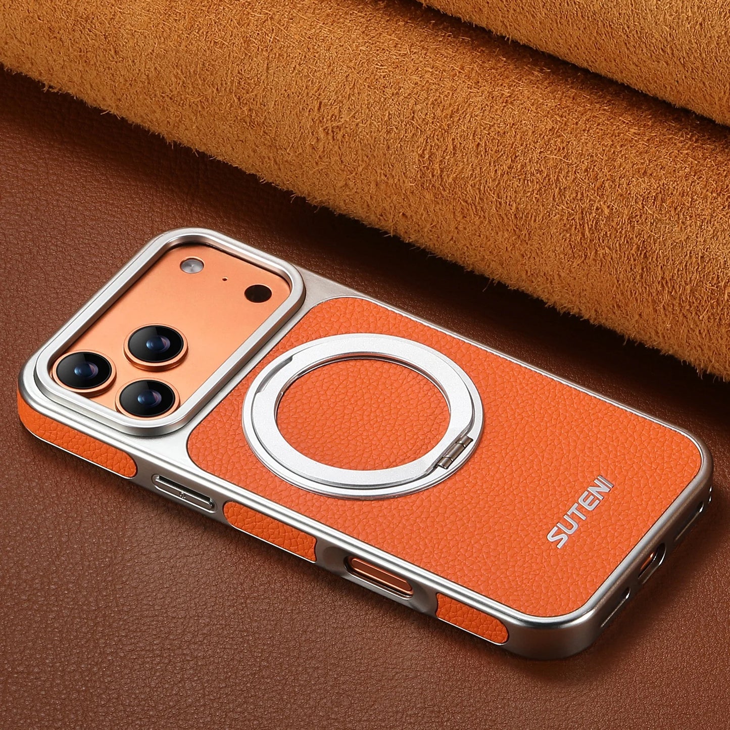For 17 Pro Max Wireless Charging Animal Handmade Phone Case Magnetic Suction 360 Rotating Stand Finger Ring Buckle Leather