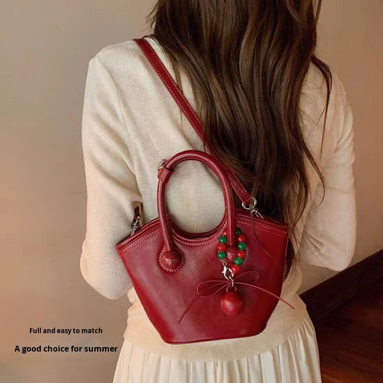 Hot-Selling Cherry Love Women's Handheld Bucket Bag Zipper Closure PU Leather Polyester Lining Daily Use Southern Style Single