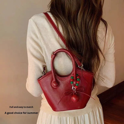 Hot-Selling Cherry Love Women's Handheld Bucket Bag Zipper Closure PU Leather Polyester Lining Daily Use Southern Style Single