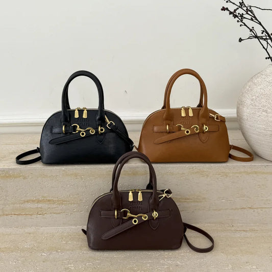 2026 New Hot Sale Dome Bag Bear Pendant Decor Metal Buckle PU Leather Winter Date Stylish Retro Handbag
