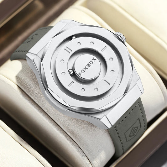 For FB0091 43mm Dial Gray Leather Men's Cartoon Simple Magnetic Levitation Watch with 3D Floating Ball Waterproof Gift Box
