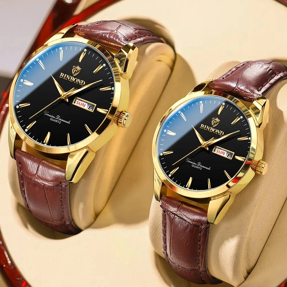 BINBOND B2238 2238 Quartz Wrist Watches Leather Strap Ladies & Man Top Luxury Couple Watch Women Men Waterproof Calendar Watch