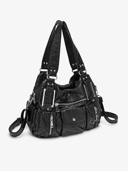 Women's Large Capacity Casual Tote Shoulder Bag Y2K Hot Girl Distressed Design Vegan Leather Zipper Closure Polyester Lining