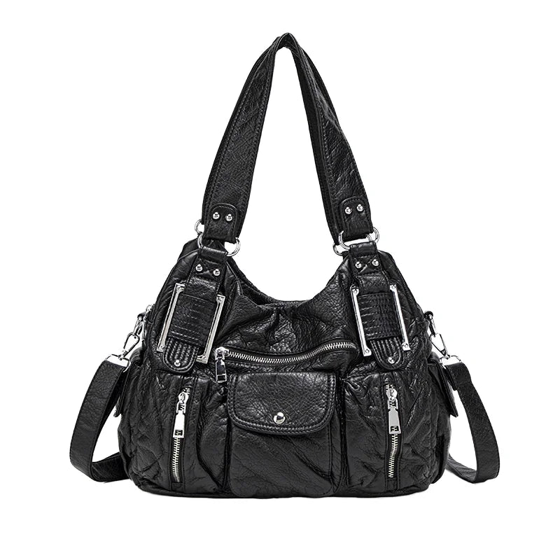 Women's Large Capacity Casual Tote Shoulder Bag Y2K Hot Girl Distressed Design Vegan Leather Zipper Closure Polyester Lining