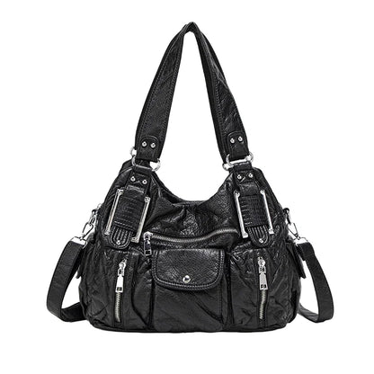 Women's Large Capacity Casual Tote Shoulder Bag Y2K Hot Girl Distressed Design Vegan Leather Zipper Closure Polyester Lining