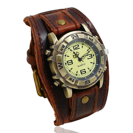 Punk Style Men's and Women's Retro Fashion 45mm Round Alloy Case Glass Dial Pointer Quartz Watch Luxury Leather Bracelet
