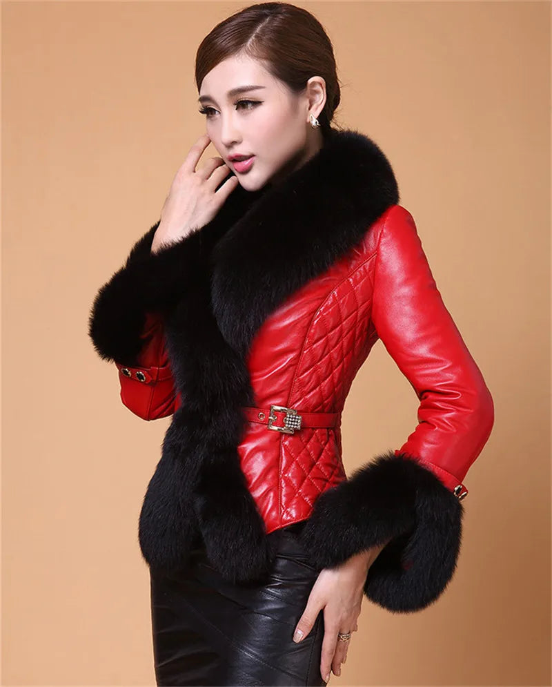 New Winter Leather Jacket Women Coat Faux Fox Fur Collar Short Coat PU Leather Female Jacket Elegant Motorcycle Zipper Outerwear