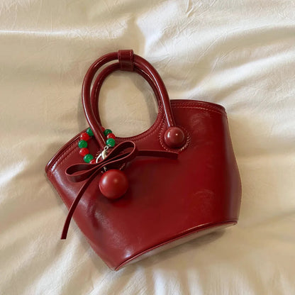 Hot-Selling Cherry Love Women's Handheld Bucket Bag Zipper Closure PU Leather Polyester Lining Daily Use Southern Style Single