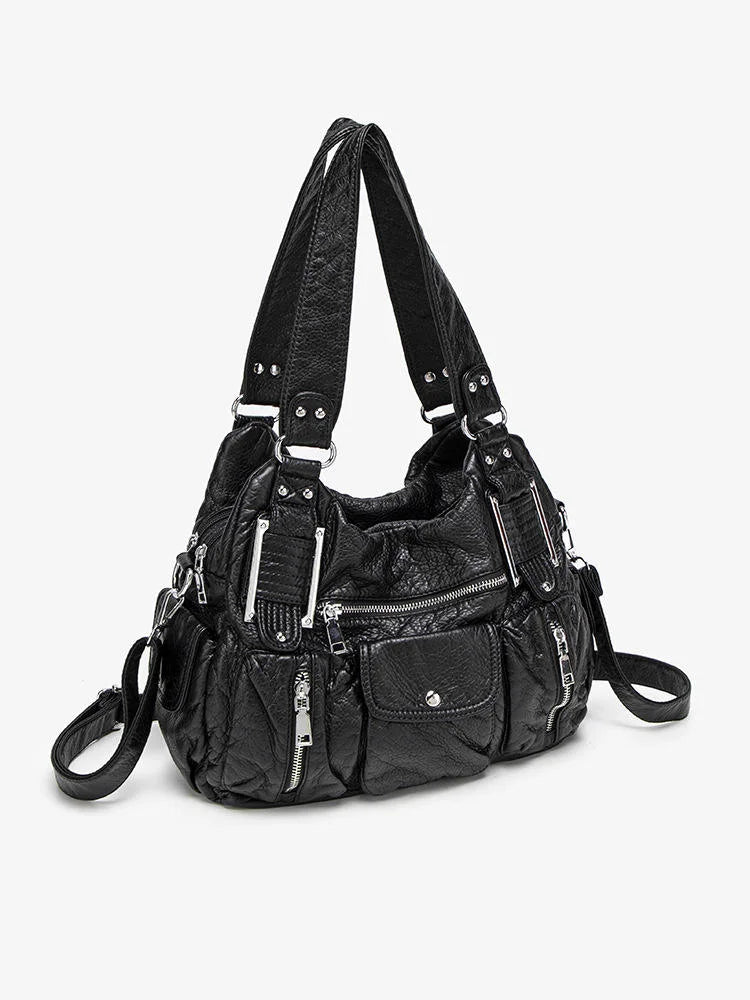 Women's Large Capacity Casual Tote Shoulder Bag Y2K Hot Girl Distressed Design Vegan Leather Zipper Closure Polyester Lining