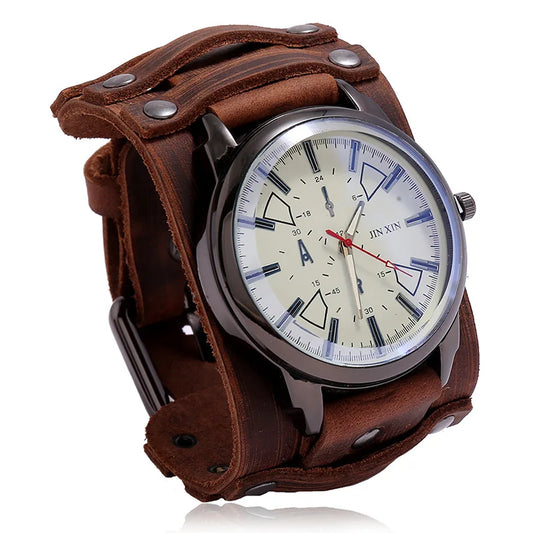 Hot Selling Popular Accessories Retro Genuine Leather Watch Band Personality Men's Punk Quartz Watch Bracelet